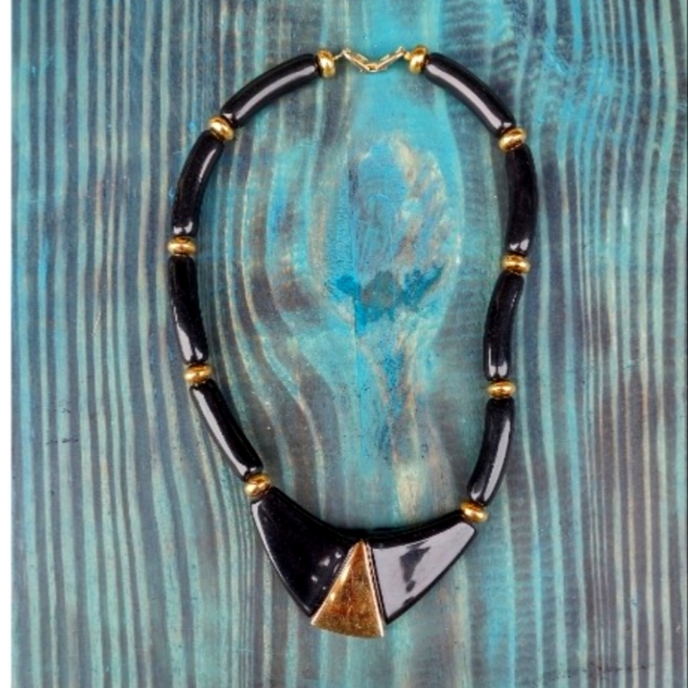Vintage Retro Speidel Women's Black & Gold Toned Geometric Beaded Necklace